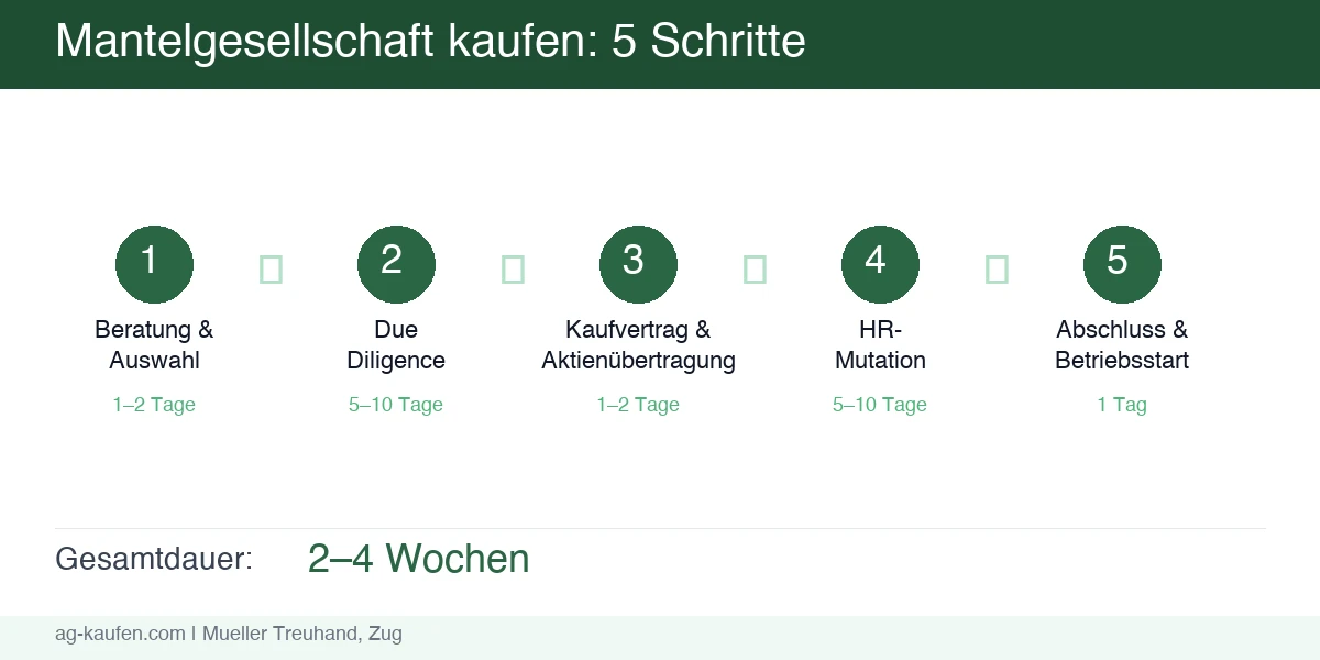 Infografik: 5 Schritte zum Kauf einer Mantelgesellschaft in der Schweiz — von der Bedarfsanalyse bis zur Geschäftsaufnahme